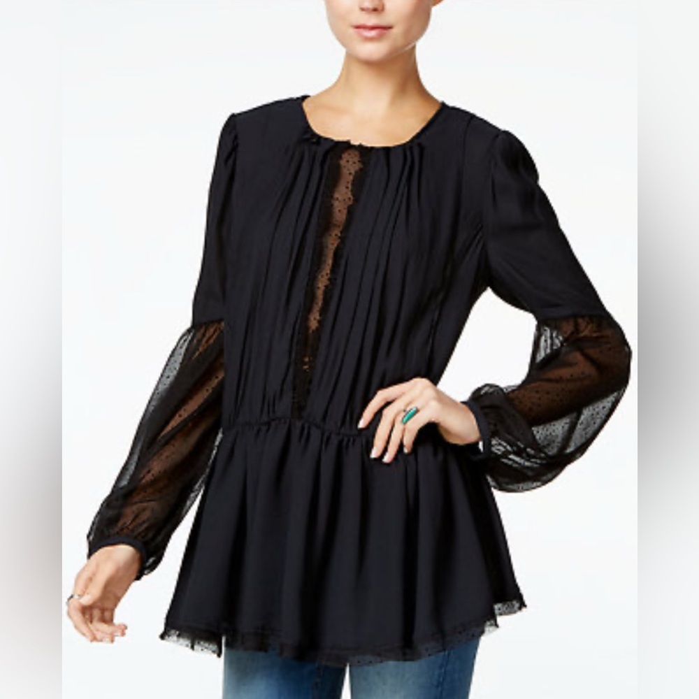 Free People Womens Large Soul Serene Top Blouse Black Long Sleeve Flowy Witchy